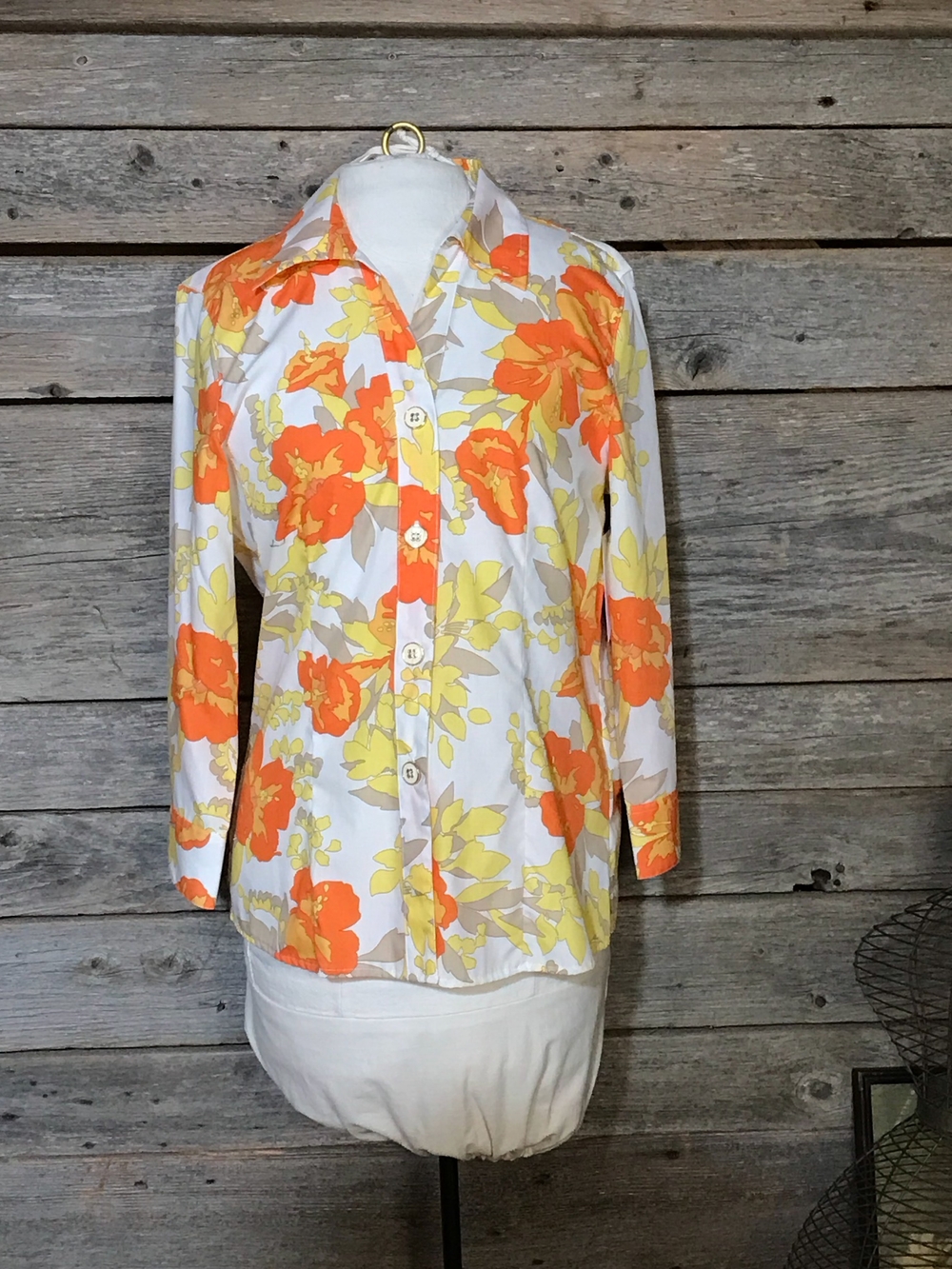 Foxcroft White Floral Button-Up Top with Orange & Yellow Blooms